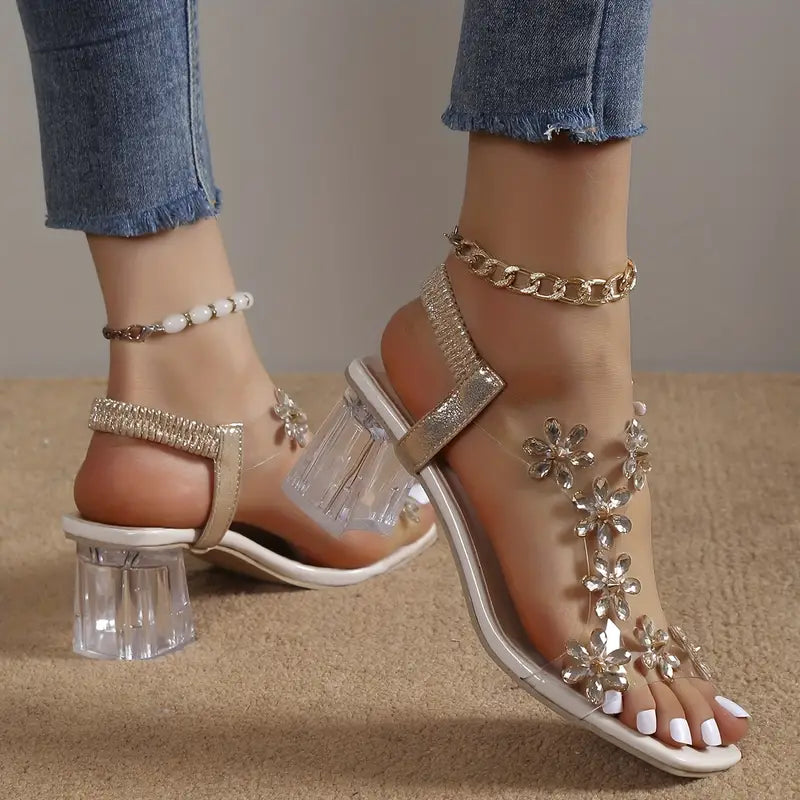 🔥Letzter Tag Promotion 50% Rabatt – Damen Sandalen mit Blumen-Strass-Verzierung und Blockabsatz