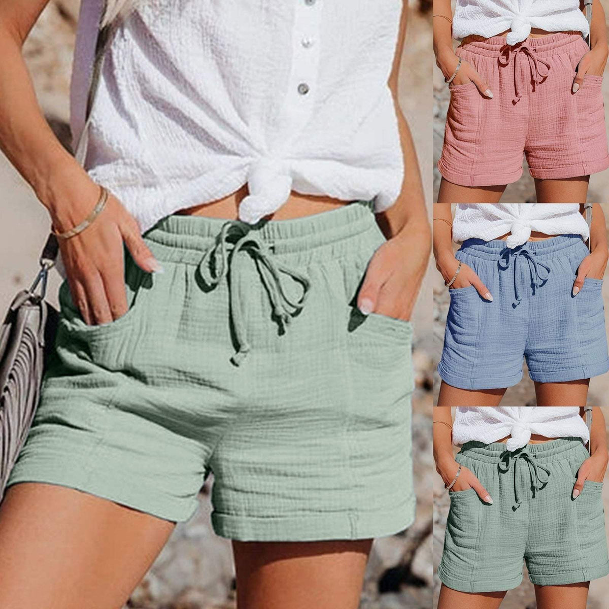 Damen-Freizeitshorts – leichtes, atmungsaktives Material – elastischer Bund mit Kordelzug – lockere Passform