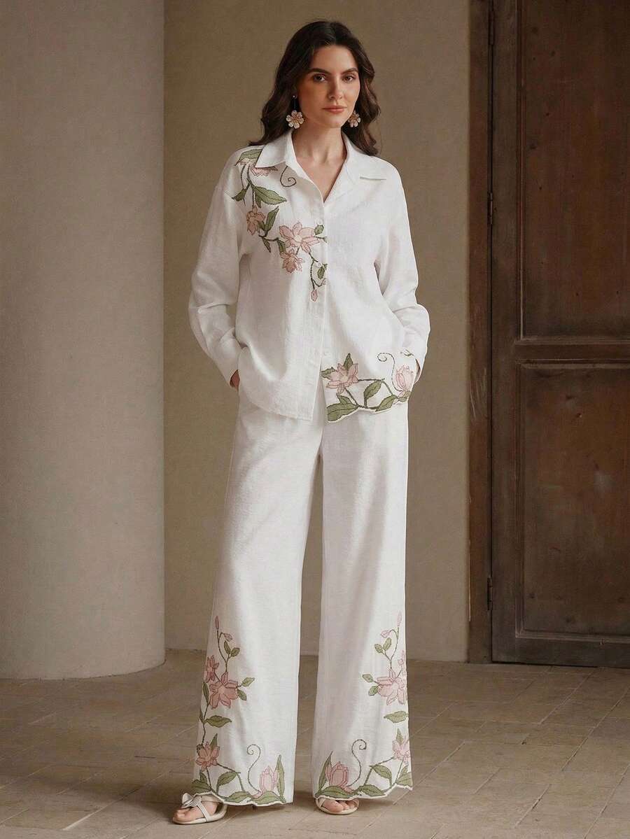 Elegante, bestickte Langarm-Bluse für Damen