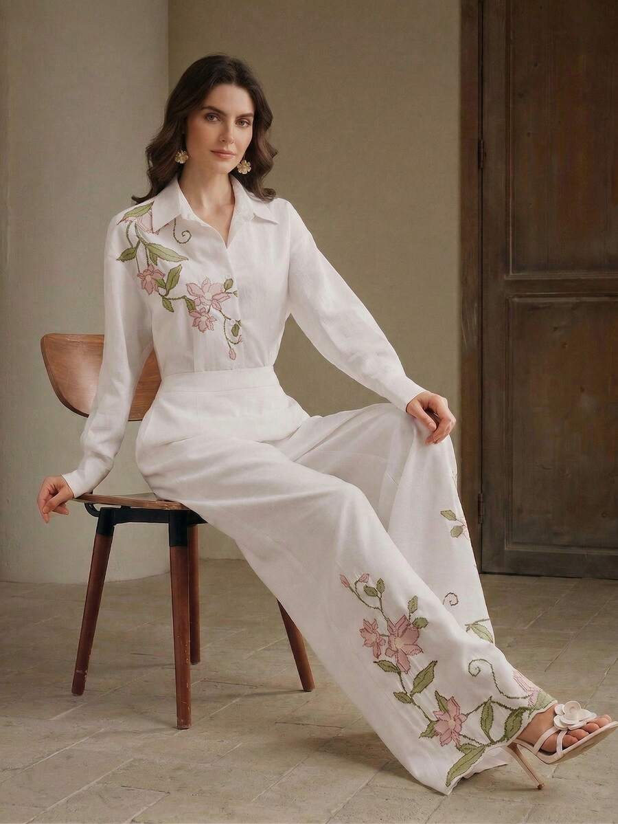 Elegante, bestickte Langarm-Bluse für Damen