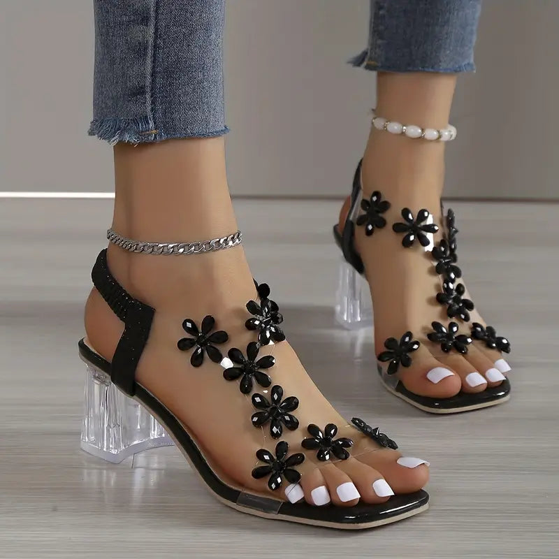 🔥Letzter Tag Promotion 50% Rabatt – Damen Sandalen mit Blumen-Strass-Verzierung und Blockabsatz