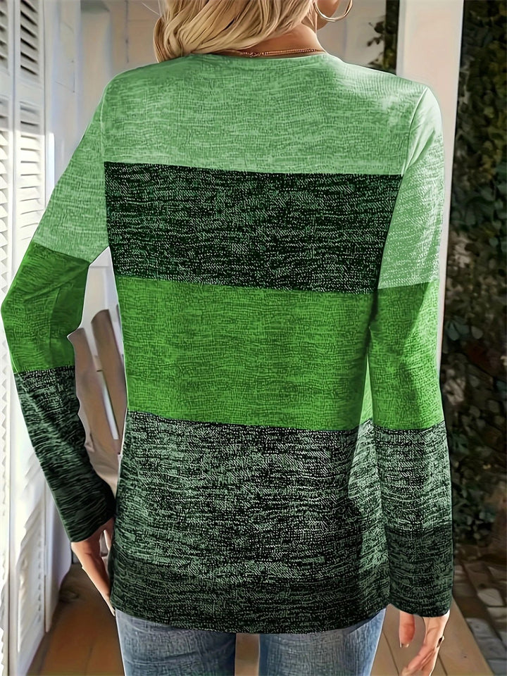Damen-T-Shirts in großen Größen, lässig, kontrastfarben, V-Ausschnitt, Langarm