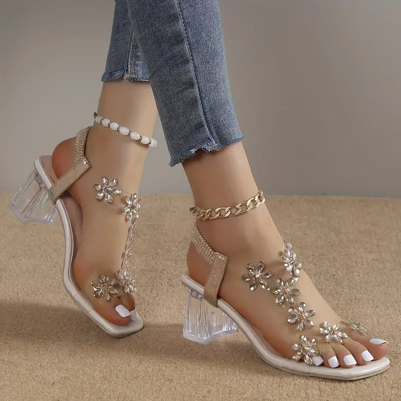 🔥Letzter Tag Promotion 50% Rabatt – Damen Sandalen mit Blumen-Strass-Verzierung und Blockabsatz