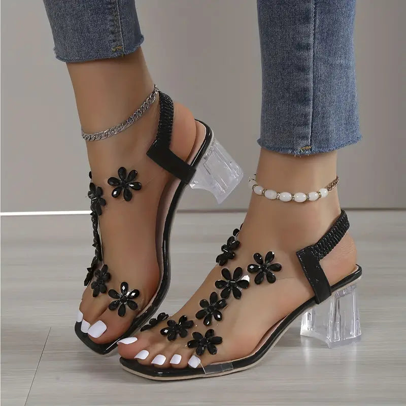 🔥Letzter Tag Promotion 50% Rabatt – Damen Sandalen mit Blumen-Strass-Verzierung und Blockabsatz