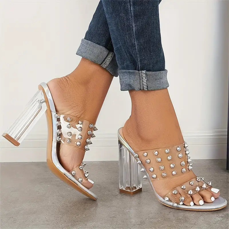 🔥Letzte Tag Aktion 50% RABATT - Damen Transparente Chunky High Heels mit Nieten und Doppelriemen