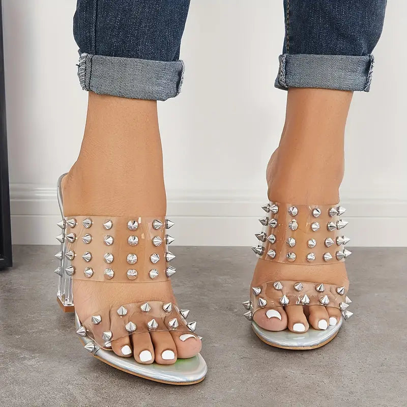 🔥Letzte Tag Aktion 50% RABATT - Damen Transparente Chunky High Heels mit Nieten und Doppelriemen