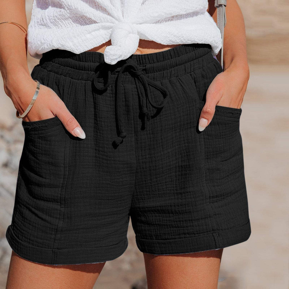 Damen-Freizeitshorts – leichtes, atmungsaktives Material – elastischer Bund mit Kordelzug – lockere Passform