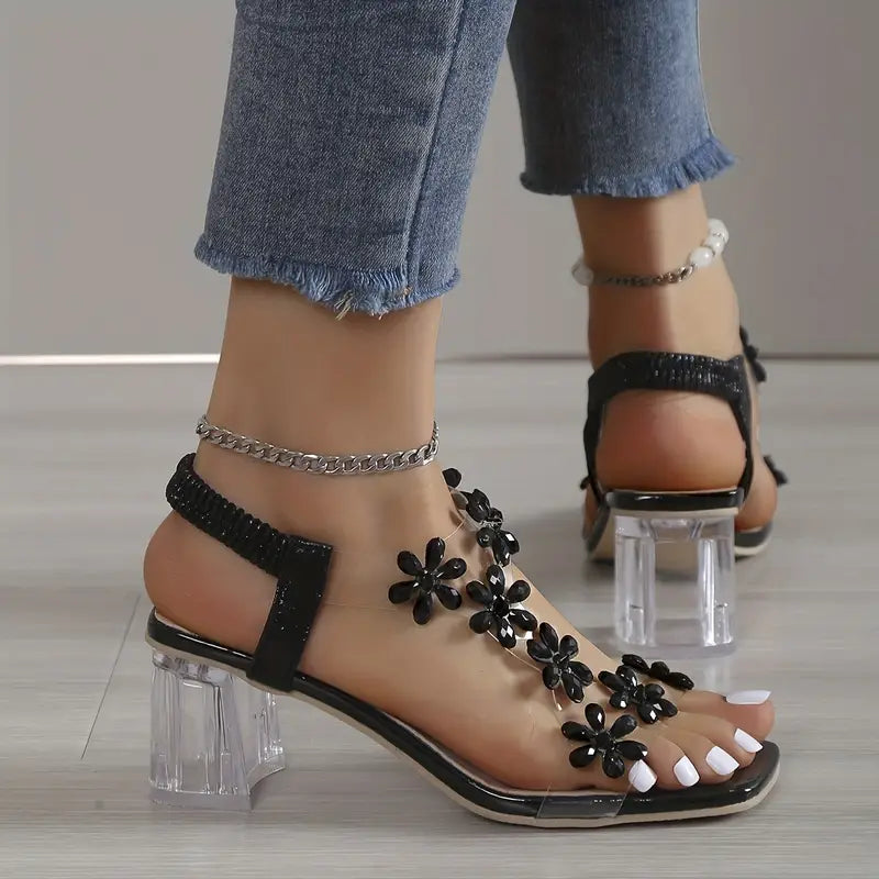 🔥Letzter Tag Promotion 50% Rabatt – Damen Sandalen mit Blumen-Strass-Verzierung und Blockabsatz