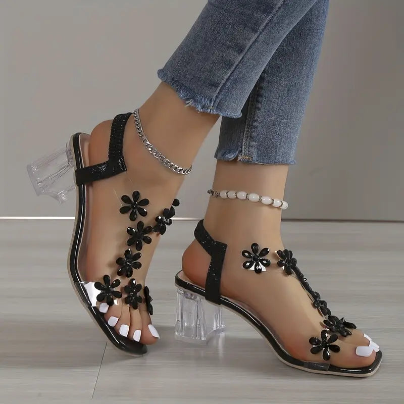 🔥Letzter Tag Promotion 50% Rabatt – Damen Sandalen mit Blumen-Strass-Verzierung und Blockabsatz