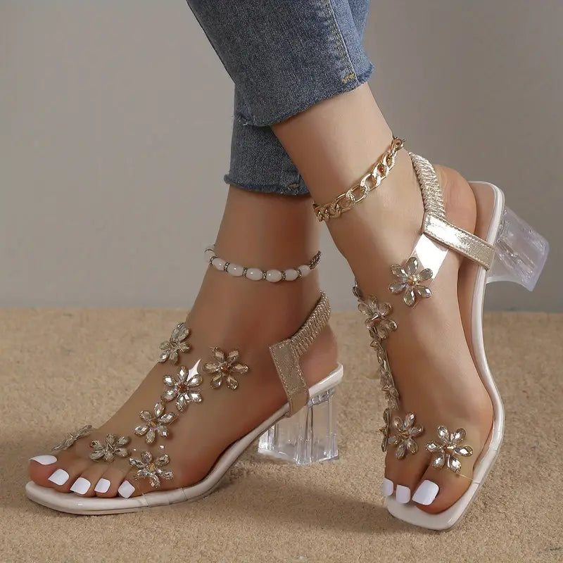 🔥Letzter Tag Promotion 50% Rabatt – Damen Sandalen mit Blumen-Strass-Verzierung und Blockabsatz